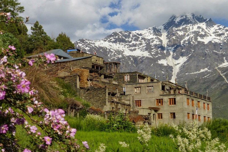 Temple decorated with marigold garlands, Himachal