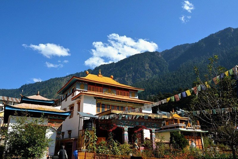 Temple decorated with marigold garlands, Himachal